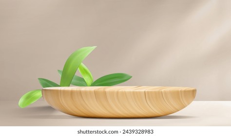 3d wood podium for product display on background. Wooden stand in minimal studio scene with light and leaves decoration. Empty beauty round platform in brown or beige showcase realistic backdrop.