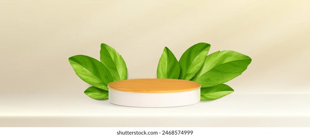 3d wood podium. Wooden product display pedestal. Minimal cosmetic presentation in studio mockup design. Beauty banner with stand and leaves environment for showcase. Modern abstract scene render