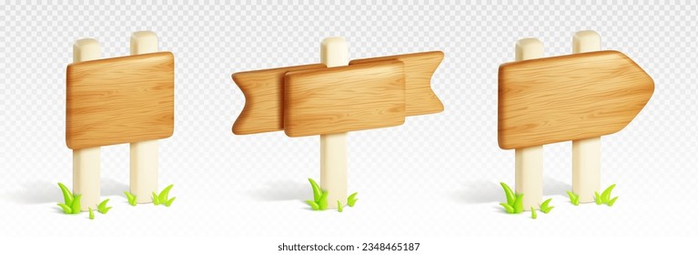 3d wood road sign post board direction vector. Wooden signboard pointer with white pole isolated icon set for game information or notice. Timber texture on billboard guide frame for destination label