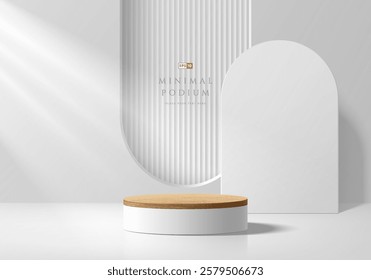 3D wood round podium background with white arch frame window. Abstract geometric composition in minimalist design. Studio display showroom stand product pedestal, Fashion stage showcase mockup scene.