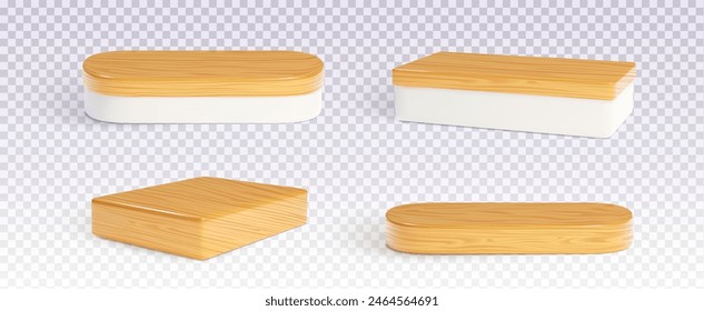 Podio redondo de madera 3d. Producto de exhibición de pedestal para piso de cocina. Estante de belleza y estante cosmético. Diseño de superficie de tablero mínimo blanco y marrón con textura de naturaleza premium. Bloque rústico rectangular