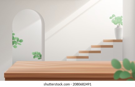 3d wood table podium in home interior with stair and leaf for product display, natural, food and drink, grocery, utensil, etc.