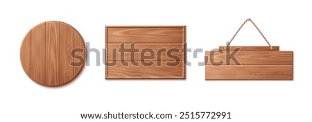 3d wood texture sign board. Wooden plank frame for saloon. Realistic vintage nail bar for text in game. Timber ui interface pointer template icon set. Empty hanging on rope plain banner design