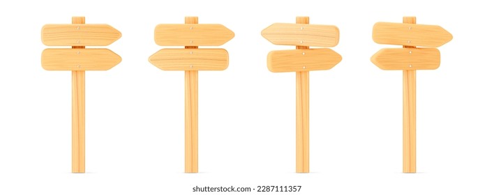 3d wooden arrow direction road signs set isolated on white background. Render of wood arrow crossroad sign for right direction and street, one way concept. 3d cartoon simple vector illustration