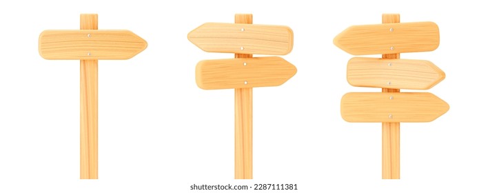 3d wooden arrow direction road signs set isolated on white background. Render of wood arrow crossroad sign for right direction and street, one way concept. 3d cartoon simple vector illustration