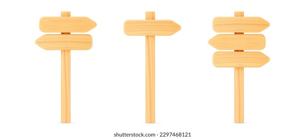 3d wooden arrow direction road signs set isolated on white background. Render of wood arrow crossroad sign for right direction and street, one way concept. 3d cartoon simple vector illustration