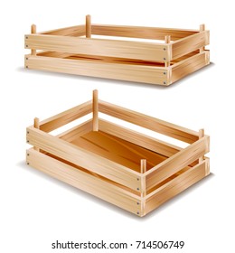 3d Wooden Box Isolated Vector. Wooden Tray For Storing Food. Isolated On White Illustration