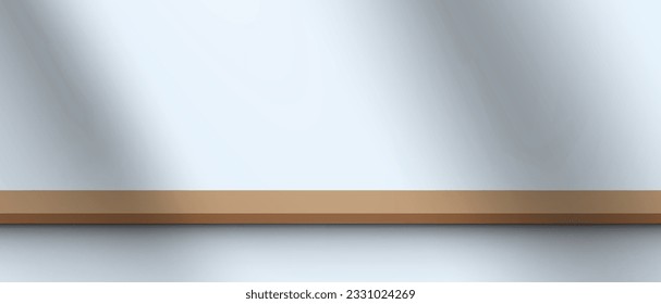 3d wooden brown shelf on white wall background vector illustration, for product stage display