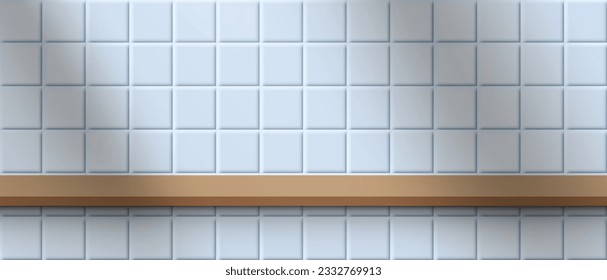 3d wooden brown shelf on blue ceramic tiles wall background vector illustration, for product stage display