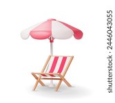 3D Wooden Chaise Lounge with Umbrella Isolated. Render Sun Lounger, Deckchair, Sunbed, Beach Chair. Wood Striped Deck and Parasol for Sunbathing on Vacation. Vector Illustration