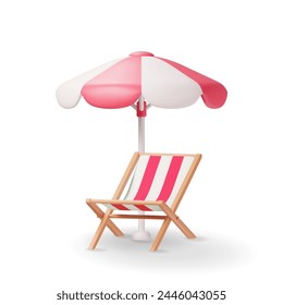 3D Wooden Chaise Lounge with Umbrella Isolated. Render Sun Lounger, Deckchair, Sunbed, Beach Chair. Wood Striped Deck and Parasol for Sunbathing on Vacation. Vector Illustration