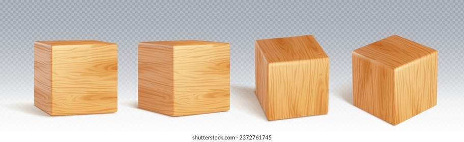 3D wooden cubes set isolated on transparent background. Vector realistic illustration of cubic blocks made of natural wood with oak texture, child toy mockup for learning and education, building brick