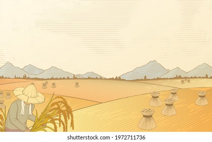 3d wooden etching illustration of a farmer harvesting on the paddy field scene