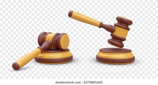 3D wooden judge gavel and stand. Auctioneer hammer is lying and knocking on stand. Vector object in different positions. Set of isolated color images, icons