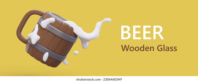 3D wooden mug with handle. Horizontal banner on colored background. Mug full of beer. Advertising of portioned reusable containers for alcohol. Spattering of foam, frozen movement