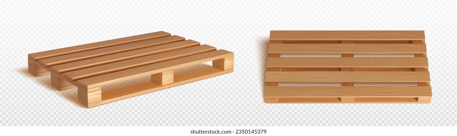 3d wooden pallet for crate package isolated vector. Wood loading tray platform for warehouse or storage asset set. Delivery board with realistic timber material texture render and different view