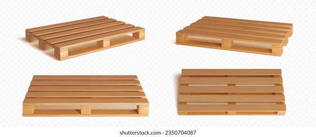 3d wooden pallet for crate package isolated vector. Wood loading tray platform for warehouse or storage asset set. Delivery board with realistic timber material texture render and different view