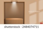3d wooden podium design with wooden pattern background, window shadow overlay and light. great for product display presentation