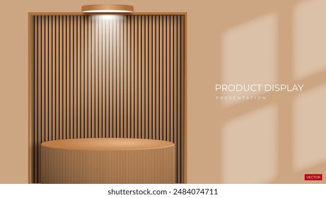 3d wooden podium design with wooden pattern background, window shadow overlay and light. great for product display presentation