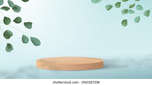 3d wooden podium for product demonstration. Blue background with green tree leaves and an empty pedestal for displaying cosmetics. Realistic layout for your presentation.