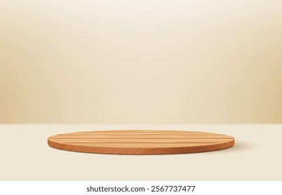 3d wooden podium stage, wood product display platform, pedestal or floor stand vector mock up. Round brown podium with realistic texture of wooden boards and planks. Empty wood presentation platform