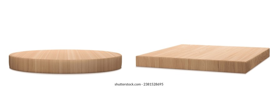 3d wooden podium stand for product display vector. Wood platform for kitchen. Isolated minimal round cosmetic pedestal for mockup scene. Empty brown presentation plate for nature showcase studio