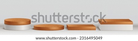 3d wooden podiums, platforms for display product. Empty circle and square stands of brown wood plank and white base isolated on transparent background, vector realistic illustration 商業照片 © 