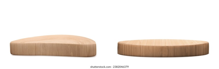 3D wooden podiums set isolated on white background. Vector realistic illustration of natural wood platforms for cosmetic products presentation, round and abstract shape stage, dish for serving sushi
