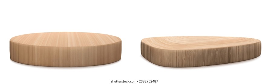 3D wooden podiums set isolated on white background. Vector realistic illustration of natural wood platforms for cosmetic products presentation, round and abstract shape stage, dish for serving sushi