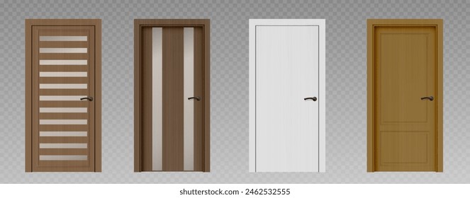 3d wooden realistic front door design isolated. Wood modern entrance in brown and white collection. House gate frame with metal handle closeup mockup asset set. Closed exit various doorframe mock up