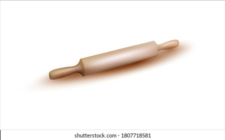 3d Wooden Rolling Pin isolated on White Background. Kitchen utensils for rolling dough, making pastries, pies, bread. Domestic kitchen.Vector realistic illustration.