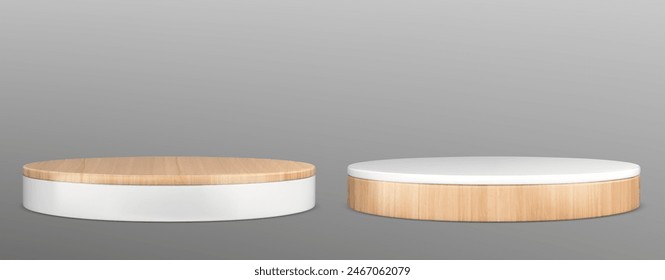 3d wooden round podium. Circle wood product stage for kitchen. Isolated nature brown and white display pedestal. Minimal log base for premium presentation mockup template. Present view in studio