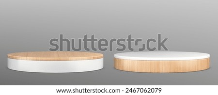 3d wooden round podium. Circle wood product stage for kitchen. Isolated nature brown and white display pedestal. Minimal log base for premium presentation mockup template. Present view in studio