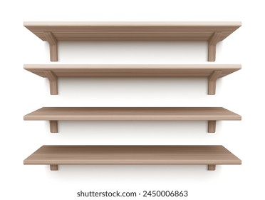 Estantes de madera 3D establecidos aislados sobre fondo blanco. Ilustración realista de Vector de estante de pared decorativo en blanco, hogar, oficina, muebles de tienda con superficie vacía, Elementos de diseño interiores, textura de roble