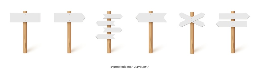 3d wooden sign post set vector illustration. Realistic blank signboard on road collection, plywood pointer and timber with wood texture in signpost for pointing direction isolated on white background