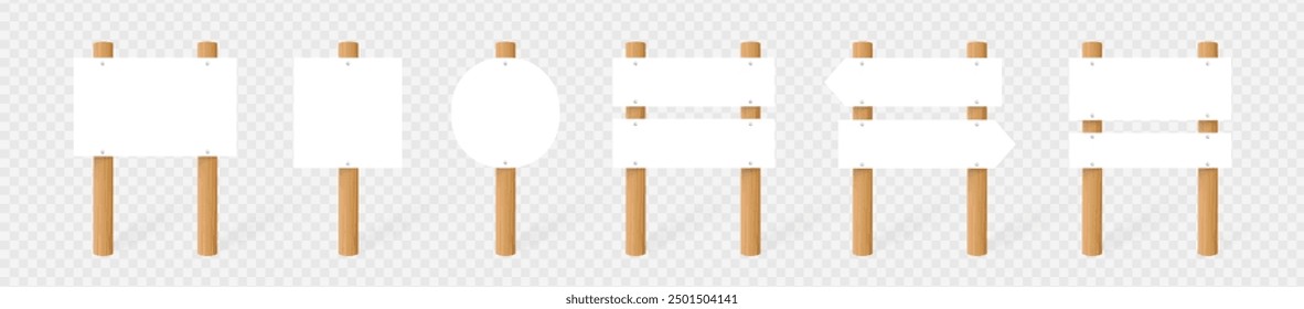 Ilustración vectorial de conjunto de letreros de madera 3D. Letrero en blanco realista en la carretera, puntero con textura de madera en la señal para señalar la dirección. Ilustración vectorial