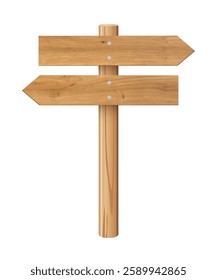3d wooden signboard vector illustration. Realistic wood sign post. Blank arrow with wood texture, plywood road pointer. City guidance.