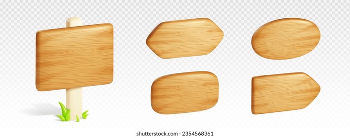 3D wooden signboards set isolated on transparent background. Vector realistic illustration of square and oval nameplates, direction indicators, arrow signs, green grass near pole. Game design element