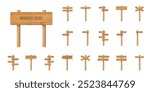 3d wooden signboards set vector illustration. Realistic wood sign posts. Blank arrows with wood texture, plywood road pointers.