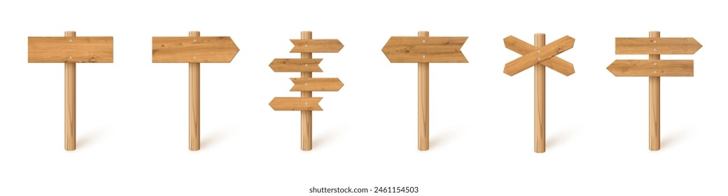 3d wooden signboards set vector illustration. Realistic wood sign posts. Blank arrows with wood texture, plywood road pointers.