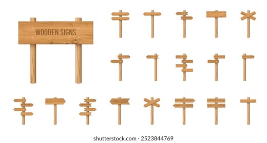 3d wooden signboards set vector illustration. Realistic wood sign posts. Blank arrows with wood texture, plywood road pointers.