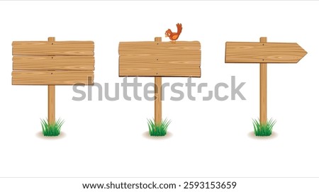 3d wooden signboards set vector illustration. Realistic wood sign posts. Blank arrows with wood texture, plywood road pointers.