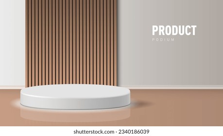 3D Wooden Slats Background And White Podium. EPS10 Vector