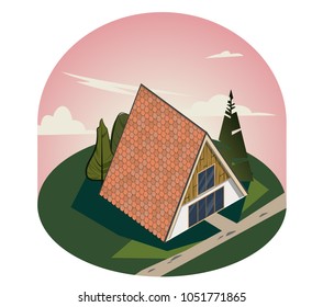 3D wooden triangular house with large Windows. wooden cozy house. rustic and comfortable house. Vector graphics. Axonometry