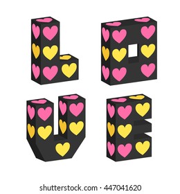 3D word "LOVE" with hearts. Vector modern volumetric abstract red letters design on love featuring retro 3d typography