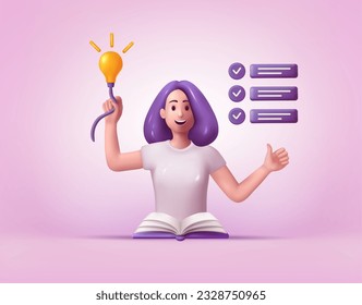 Carácter de trabajo 3D. Mujer con tareas de emprendedores. Bombilla ideal. Planificación de proyectos. Búsqueda de decisiones. Feliz humano con la lista de objetivos hechos. Ilustración de éxito exacta del vector