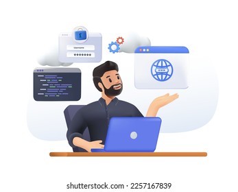 3D Work with software. Man writes code at computer, develops program, website or application. Programmer or IT specialist at work. Freelancer or remote employee. Cartoon 3D vector illustration