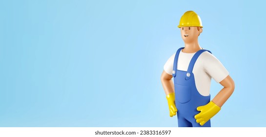 3D Worker Builder Vector Banner. Cartoon Male Character of Construction Worker on blue background