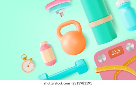 3d Workout for Home Concept Background Cartoon Style. Vector illustration of Sport Activity Training Lifestyle Equipment Kits