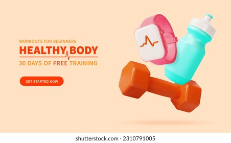 3d Talleres para principiantes Healthy Body Training Anuncios Banner Concept Poster Card Estilo de caricatura. Ilustración del vector
